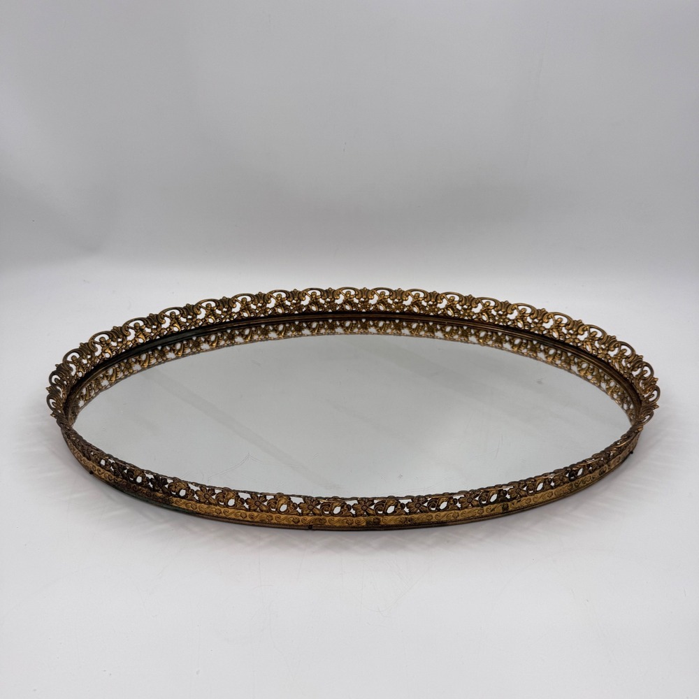 Vintage Oval Brass Cherub Filigree Mirrored Tray 14x21